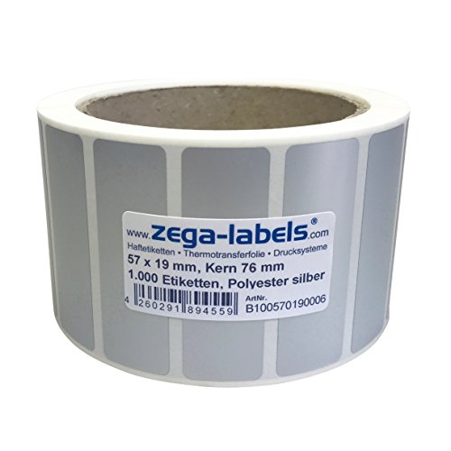 Polyester Thermotransfer Etiketten auf Rolle - 57 x 19 mm - aus PET Polyesterfolie silber für Typenschilder - 1.000 Stück je Rolle - Kern 76mm - Druckverfahren: Thermotransfer (Drucken mit Farbband) von zega-labels
