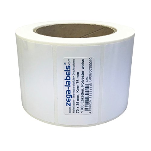 Polyester Thermotransfer Etiketten auf Rolle - 70 x 35 mm - aus PET Polyesterfolie weiss - 1.000 Stück je Rolle - Kern: 76 mm - stark haftend - Druckverfahren: Thermotransfer (Drucken mit Farbband) von zega-labels