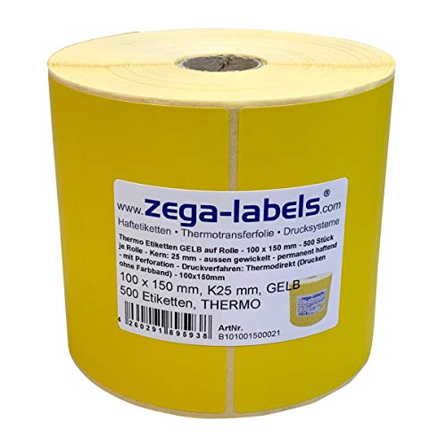 Thermo Etiketten GELB auf Rolle - 100 x 150 mm - 500 Stück je Rolle - Kern: 25 mm - aussen gewickelt - permanent haftend - Druckverfahren: Thermodirekt (Drucken ohne Farbband) von zega-labels