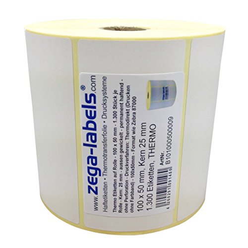 Thermo Etiketten auf Rolle - 100 x 50 mm - 1.300 Stück je Rolle - Kern: 25 mm - aussen gewickelt - permanent haftend - Druckverfahren: Thermodirekt (Drucken ohne Farbband) von zega-labels