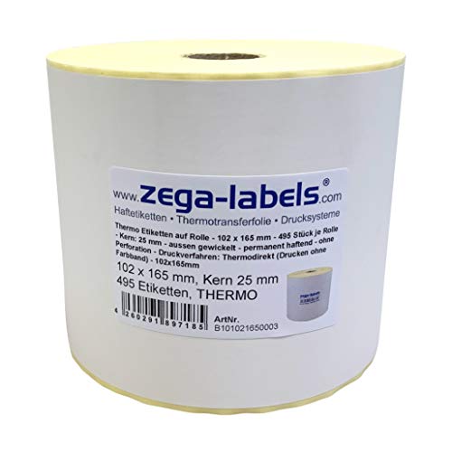 Thermo Etiketten auf Rolle - 102 x 165 mm - 495 Stück je Rolle - Kern: 25 mm - aussen gewickelt - permanent haftend - Druckverfahren: Thermodirekt (Drucken ohne Farbband) von zega-labels