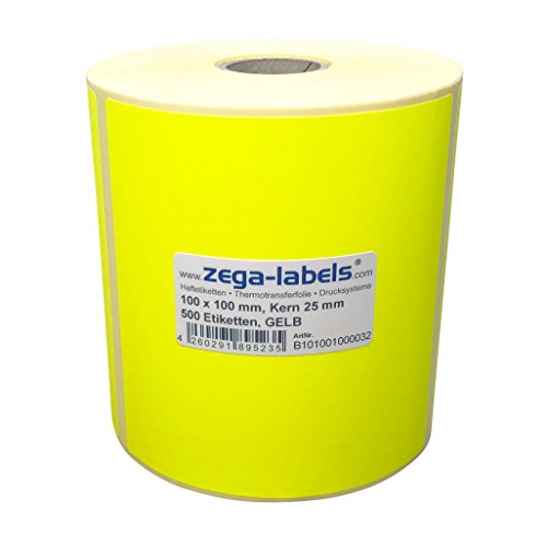 Thermotransfer Etiketten GELB auf Rolle - 100 x 100 mm - 500 Stück je Rolle - Kern: 25 mm - Papier Leuchtgelb - permanent haftend - Druckverfahren: Thermotransfer (Drucken mit Farbband) von zega-labels