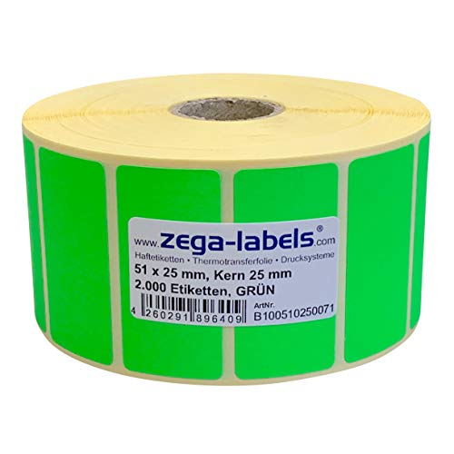 Thermotransfer Etiketten GRÜN auf Rolle - 51 x 25 mm - 2.000 Stück je Rolle - Kern: 25 mm - Papier Leuchtgrün - permanent haftend - Druckverfahren: Thermotransfer (Drucken mit Farbband) von zega-labels
