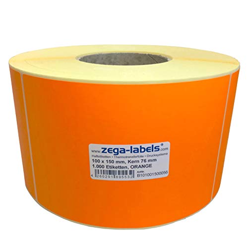 Thermotransfer Etiketten ORANGE auf Rolle - 100 x 150 mm - 1.000 Stück je Rolle - Kern: 76 mm - Papier Leuchtorange - permanent haftend - Druckverfahren: Thermotransfer (Drucken mit Farbband) von zega-labels