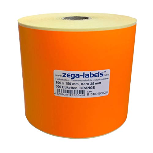 Thermotransfer Etiketten ORANGE auf Rolle - 100 x 150 mm - 500 Stück je Rolle - Kern: 25 mm - Papier Leuchtorange - permanent haftend - Druckverfahren: Thermotransfer (Drucken mit Farbband) von zega-labels