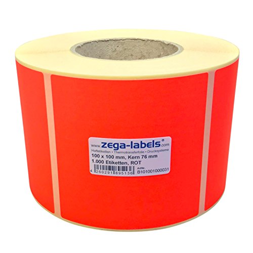 Thermotransfer Etiketten ROT auf Rolle - 100 x 100 mm - 1.000 Stück je Rolle - Kern: 76 mm - Papier Leuchtrot - permanent haftend - Druckverfahren: Thermotransfer (Drucken mit Farbband) von zega-labels