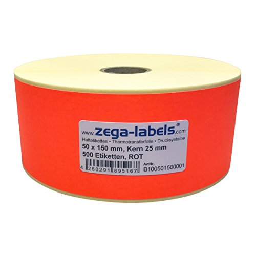 Thermotransfer Etiketten ROT auf Rolle - 50 x 150 mm - 500 Stück je Rolle - Kern: 25 mm - Papier Leuchtrot - permanent haftend - Druckverfahren: Thermotransfer (Drucken mit Farbband) von zega-labels
