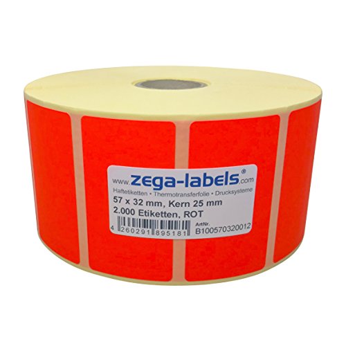 Thermotransfer Etiketten ROT auf Rolle - 57 x 32 mm - 2.000 Stück je Rolle - Kern: 25 mm - Papier Leuchtrot - permanent haftend - Druckverfahren: Thermotransfer (Drucken mit Farbband) von zega-labels
