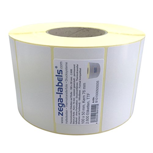 Thermotransfer Etiketten auf Rolle - 100 x 50 mm - 2.600 Stück je Rolle - Kern: 76 mm - aussen gewickelt - permanent haftend - Druckverfahren: Thermotransfer (Drucken mit Farbband) von zega-labels