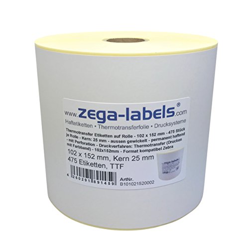 Thermotransfer Etiketten auf Rolle - 102 x 152 mm - 475 Stück je Rolle - Kern: 25 mm - aussen gewickelt - permanent haftend - mit Perforation - Druckverfahren: Thermotransfer (Drucken mit Farbband) von zega-labels