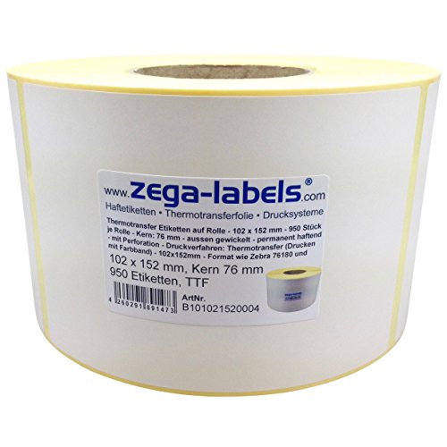 Thermotransfer Etiketten auf Rolle - 102 x 152 mm - 950 Stück je Rolle - Kern: 76 mm - aussen gewickelt - permanent haftend - mit Perforation - Druckverfahren: Thermotransfer (Drucken mit Farbband) von zega-labels