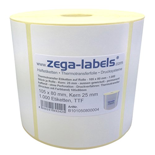 Thermotransfer Etiketten auf Rolle - 105 x 80 mm - 1.000 Stück je Rolle - Kern: 25 mm - aussen gewickelt - permanent haftend - Druckverfahren: Thermotransfer (Drucken mit Farbband) von zega-labels