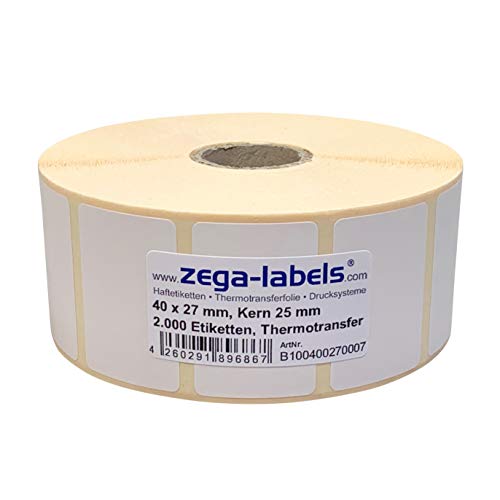 Thermotransfer Etiketten auf Rolle - 40 x 27 mm - 2.000 Stück je Rolle - Kern: 25 mm - aussen gewickelt - permanent haftend - Druckverfahren: Thermotransfer (Drucken mit Farbband) von zega-labels