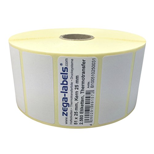 Thermotransfer Etiketten auf Rolle - 51 x 25 mm - 2.580 Stück je Rolle - Kern: 25 mm - aussen gewickelt - permanent haftend - Druckverfahren: Thermotransfer (Drucken mit Farbband) von zega-labels