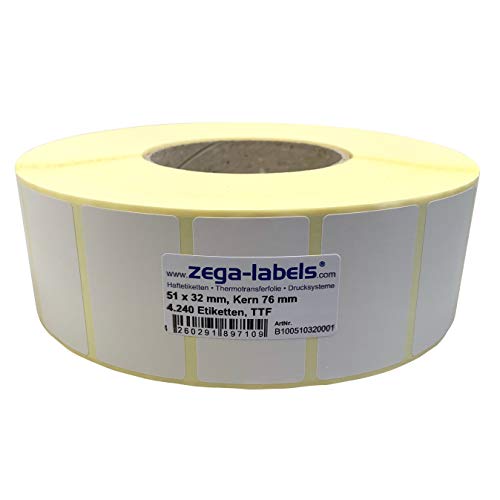 Thermotransfer Etiketten auf Rolle - 51 x 32 mm - 4.240 Stück je Rolle - Kern: 76 mm - aussen gewickelt - permanent haftend - Druckverfahren: Thermotransfer (Drucken mit Farbband) von zega-labels