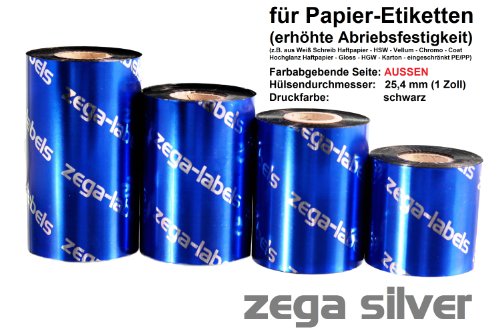 Thermotransfer Farbband schwarz 60 mm x 300 m - zega silver (Wachs/Harz Wischfest) - Farbseite AUSSEN - für Industriedrucker Zebra ZM400/ZM600/ZT220/ZT230/S4M/Z4M/Z6M/XI-Serie mit 1 Zoll Kern 25 mm - für Papieretiketten Bedruckung mit erhöhter Abriebsfestigkeit von zega-labels