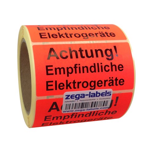 Warnetiketten auf Rolle - Achtung Empfindliche Elektrogeräte - 500 Stück je Rolle - 100 x 50 mm - Leuchtrot Haftpapier stark haftend - Versandaufkleber von zega-labels