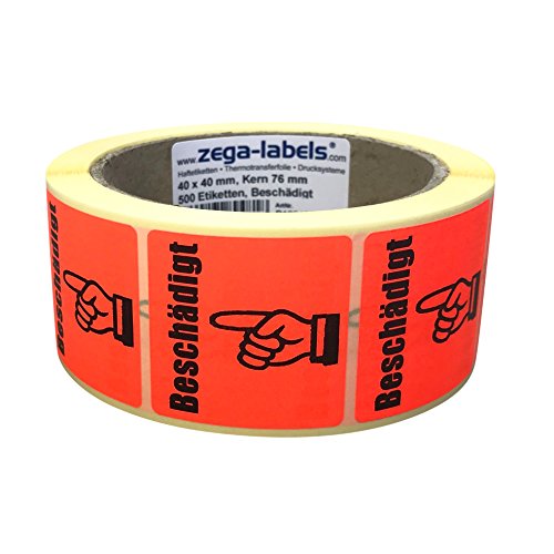 Warnetiketten auf Rolle - Beschädigt - 500 Stück je Rolle - 40 x 40 mm - Leuchtrot Haftpapier stark haftend - Versandaufkleber zur Qualitätssicherung für beschädigte oder defekte Produkte von zega-labels