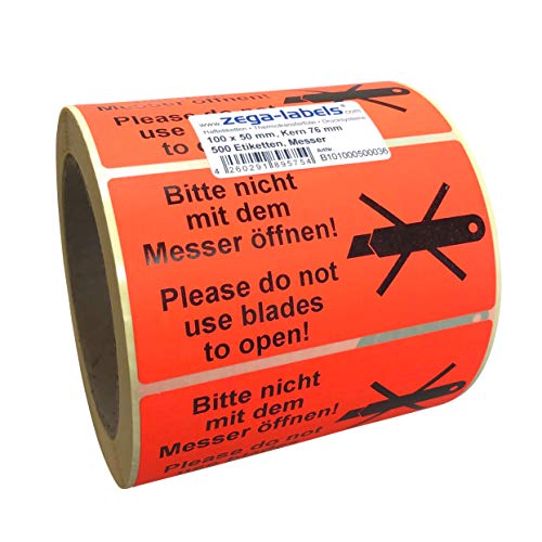 Warnetiketten auf Rolle - Bitte nicht mit dem Messer öffnen (mit Cutter Abbildung) - 500 Stück je Rolle - 100 x 50 mm - Leuchtrot Haftpapier stark haftend - Versandaufkleber von zega-labels