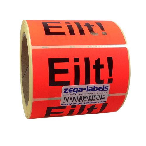 Warnetiketten auf Rolle - Eilt - 500 Stück je Rolle - 100 x 50 mm - Leuchtrot Haftpapier stark haftend - Versandaufkleber von zega-labels