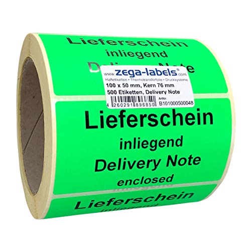 Warnetiketten auf Rolle - Lieferschein inliegend/Delivery Note enclosed - 500 Stück je Rolle - 100 x 50 mm - Leuchtgrün Haftpapier stark haftend - Versandaufkleber grün von zega-labels