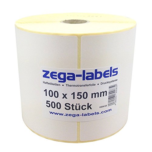 zega-labels Thermotransfer Etiketten - 100 x 150 mm - 500 Stück je Rolle - Kern Ø 25 mm - stark haftend - mit Perforation - Druckverfahren: Thermotransfer (Verwendung mit Farbband) von zega-labels