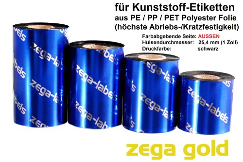 zega-labels Thermotransfer Farbband 110 mm x 300 m - zega gold (Harz Kratzfest) - Farbseite AUSSEN - für Zebra ZT-Serie/ZM400/ZD420T - 1 Zoll Kern Ø 25 mm - für PE-Folie, PP-Folie, PET Polyesterfolie von zega-labels