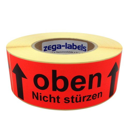 zega-labels Warnetiketten - OBEN Nicht stürzen - 500 Stück je Rolle - 150 x 50 mm - Versandaufkleber Papier Leuchtrot stark haftend - Doppelpfeile von zega-labels
