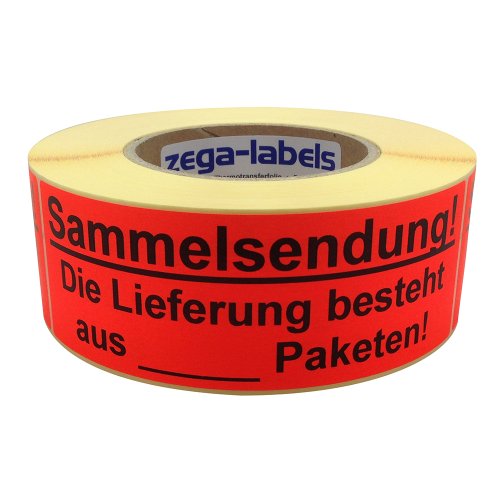 zega-labels Warnetiketten - Sammelsendung! Die Lieferung besteht aus mehreren Paketen! - 500 Stück je Rolle - 150 x 50 mm - Versandaufkleber Papier Leuchtrot stark haftend von zega-labels