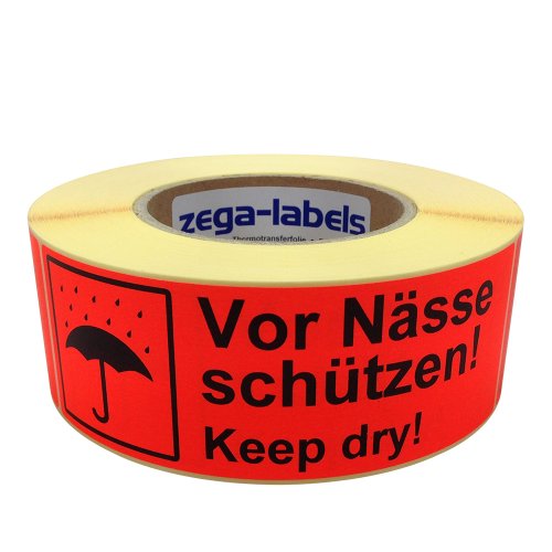 zega-labels Warnetiketten - Vor Nässe schützen! Keep dry! - 500 Stück je Rolle - 150 x 50 mm - Versandaufkleber Papier Leuchtrot stark haftend von zega-labels