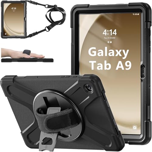 ZenRich Hülle für Samsung Galaxy Tab A9 8.7" (SM-X110/ SM-X115), Strapazierfähige, Stoßfeste Schutzhülle mit Drehbarem Ständer, Hand-/Schulterriemen für Tab A9, Schwarz von zenrich