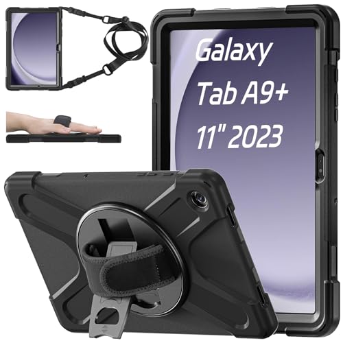 ZenRich Hülle für Samsung Galaxy Tab A9 Plus 11" (SM-X210/SM-215/SM-X216), Strapazierfähige, Stoßfeste Schutzhülle mit Drehbarem Ständer, Hand-/Schulterriemen für Tab A9 Plus, Schwarz von zenrich