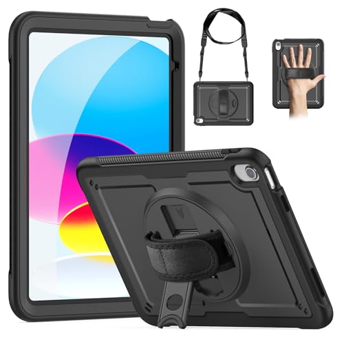 ZenRich Schutzhülle für iPad (A16) 11. / 10. Generation 2025/2022 11/11 Zoll, robuste Schutzhülle mit Displayschutzfolie, 360° drehbarer Ständer, Handschlaufe, Stifthalter, Schwarz von zenrich