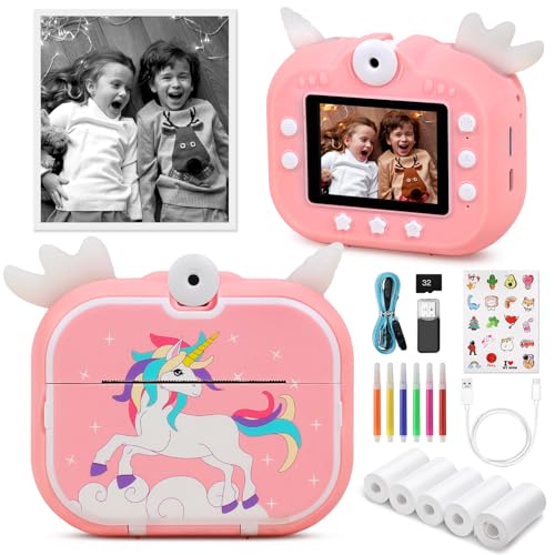 zerotop KinderKamera Sofortbildkamera 2,4 Zoll Bildschirm 1080P DigitalKamera Kinder mit 5 Rollen Druckpapier 32GB TF Karte Digitalkamera für Kinder Geschenk, 20x Digitalzoom 6 Farbigen Stiften von zerotop