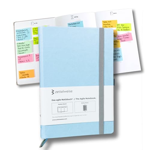 zettelweise - Das agile Notizbuch A5 | Mit integriertem Kanban Board | inkl. 300 Haftnotizen | ADHS Hilfsmittel | veganes Hardcover | 192 nummerierte Seiten | Notizbuch für To dos (Eisblau) von zettelweise