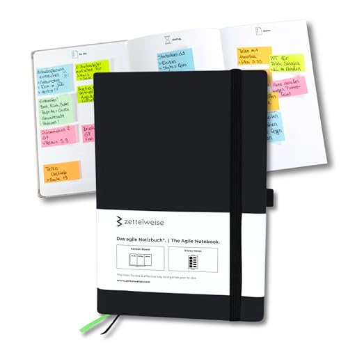 zettelweise - Das agile Notizbuch A5 | Mit integriertem Kanban Board | inkl. 300 Haftnotizen | ADHS Hilfsmittel | veganes Hardcover | 192 nummerierte Seiten | Notizbuch für To dos (Schwarz) von zettelweise