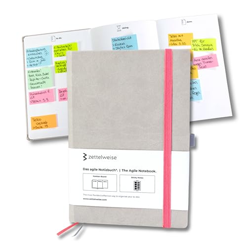 zettelweise - Das agile Notizbuch A5 | Mit integriertem Kanban Board | inkl. 300 Haftnotizen | ADHS Hilfsmittel | veganes Hardcover | 192 nummerierte Seiten | Notizbuch für To dos (Grau/Korallpink) von zettelweise