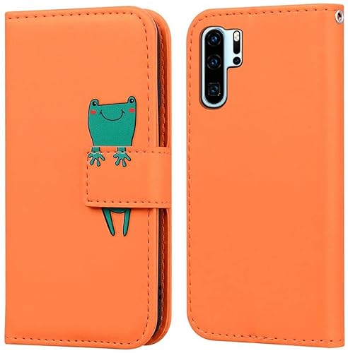 Handyhülle für HuaWei P30 Pro, die Premium PU Leder Wallet Flip Case, Cute Cartoon Animal Cover Magnetverschluss, Orange Frog. von zhiyunb