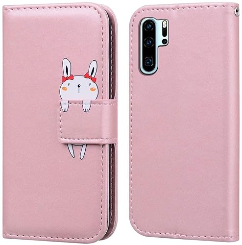 Handyhülle für HuaWei P30 Pro, die Premium PU Leder Wallet Flip Case, Cute Cartoon Animal Cover Magnetverschluss, Rosa Hase von zhiyunb
