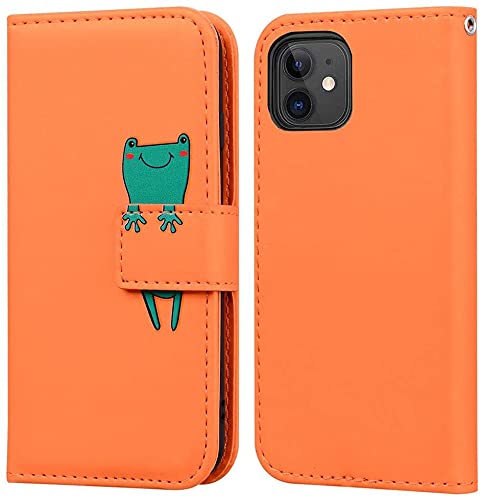 Handyhülle für iPhone 11, Premium PU Leder,Brieftasche Flip Flop Cute Cartoon Animal Flap Magnetverschluss, Orange Frog. von zhiyunb
