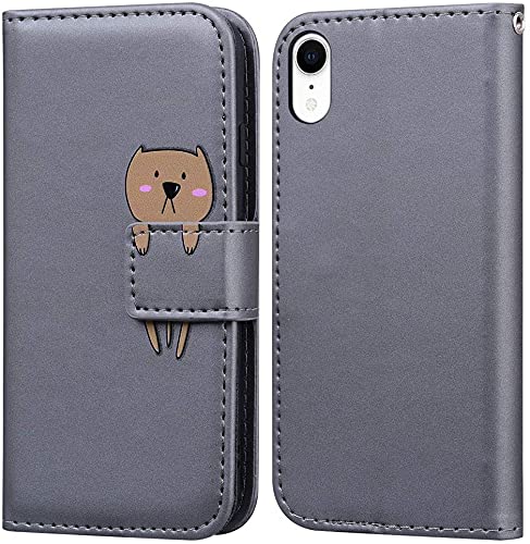 Handyhülle für iPhone XR, hochwertiges PU-Leder, Brieftaschen-Klapphülle, niedlicher Cartoon-Tierbezug, Magnetverschluss, kompatibel mit iPhone XR, grauer. von zhiyunb