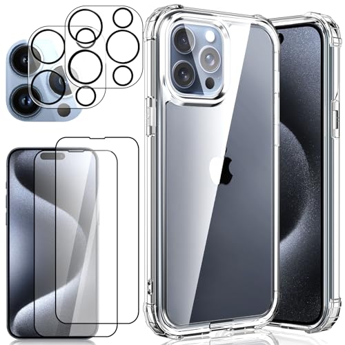 5 in 1 Hülle für iPhone 15 Pro Max, mit 2 Gehärtetes Glas Schutzfolie + 2 Kameraschutz für iPhone 15 Pro Max 6.7 Zoll - 9H Härte Displayschutzfolie, [Nie Vergilbung] Stoßfeste Transparent Handyhülle von zonyee