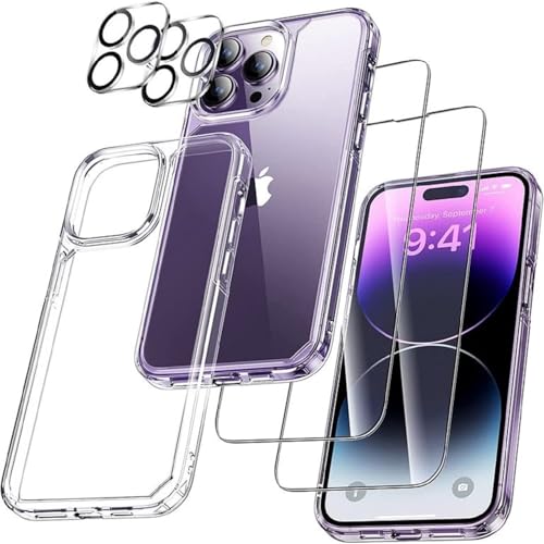 [5 in 1] Hülle mit Schutzfolie für iPhone 14 Pro 6.1'', mit 1 Ultra Dünn Handyhülle + 2 Stück Displayschutz + 2 Stück Kameraschutz, Case Rundumschutz für iPhone 14 Pro[Stoßfest und Anti-Vergilbung] von zonyee
