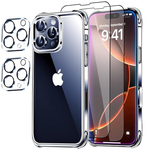 [5 in 1] Hülle mit Schutzfolie für iPhone 16 Pro 6.3'', mit 1 Ultra Dünn Handyhülle + 2 Stück Displayschutz + 2 Stück Kameraschutz, Case Rundumschutz für iPhone 16 Pro[Stoßfest und Anti-Vergilbung] von zonyee