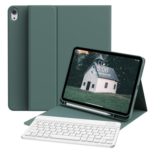 zoyu Hülle mit Tastatur für iPad A16 2025 11. Generation/iPad 10. Generation 2022 10,9 Zoll, Soft TPU Hülle mit Stifthalter, Magnetische Bluetooth Abnehmbar Tastatur, QWERTZ Layout, Dunkelgrün von zoyu