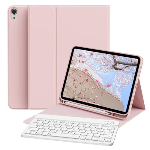 zoyu Hülle mit Tastatur für iPad A16 2025 11. Generation/iPad 10. Generation 2022 10,9 Zoll, Soft TPU Hülle mit Stifthalter, Magnetische Bluetooth Abnehmbar Tastatur, QWERTZ Layout, Rosa von zoyu
