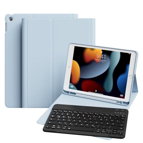zoyu Hülle mit Tastatur für iPad 9./8./7. Generation 10,2 Zoll 2021/2020/2019, Magnetische Anti-Detach Tastatur mit Stifthalter, Flip Stand Cover iPad 10.2 Zoll Keyboard, QWERTZ Layout, Hellblau von zoyu