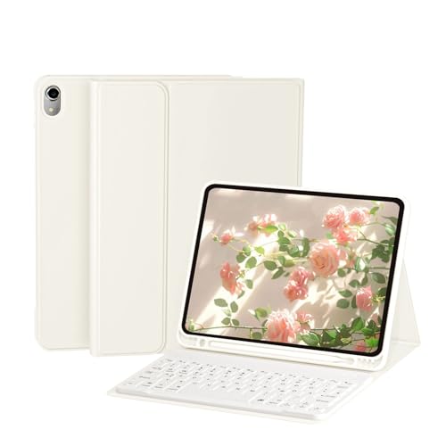 zoyu Tastatur Hülle für iPad Air 11 (M3 2025 / M2 2024), iPad Air 5 4 (2022/2020) 10.9 Zoll, QWERTZ-Layout, Magnetisch Abnehmbar Bluetooth-Tastatur Folio, Auto Schlafen/Wecken, Weiß von zoyu