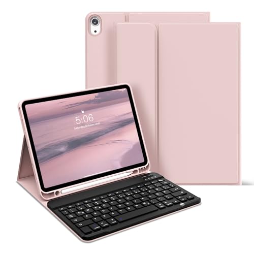 zoyu Hülle mit Tastatur für iPad Air 11 Zoll M3 / M2, iPad Air 7/6/5/4 Generation 2025/2024/2022/2020 10,9 Zoll, Soft TPU Rückschale mit Stifthalter, Magnetisch Bluetooth QWERTZ Tastatur, Rosa von zoyu