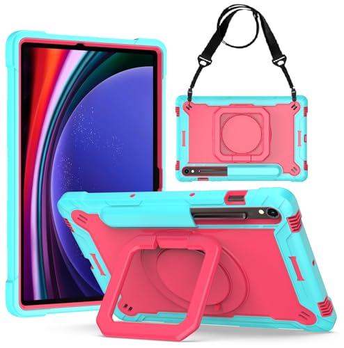 zukof Schutzhülle für Samsung Galaxy Tab S10 FE/S9 FE 5G (11 Zoll), robuste Hybrid-Hülle mit verstellbarem Ständer und Griff, Blaugrün/Rosa von zukof